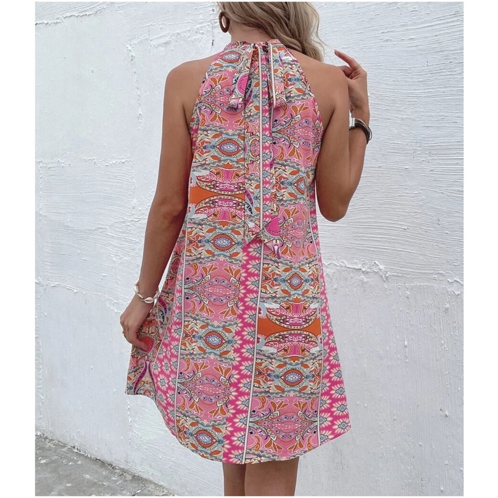 Boho Paisley Print Halter Mini Dress - Picture 4 of 7